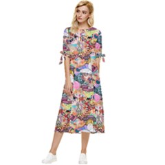 Retro Color Bow Sleeve Chiffon Midi Dress by Sparkle