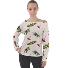 Rowan Branches And Spruce Branches Off Shoulder Long Sleeve Velour Top by SychEva