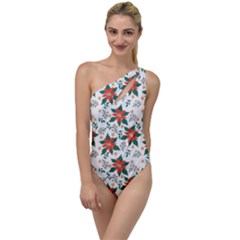 Large Christmas Poinsettias On White To One Side Swimsuit by PodArtist