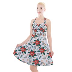 Large Christmas Poinsettias On White Halter Party Swing Dress  by PodArtist