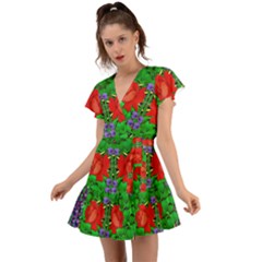 A Island Of Roses In The Calm Sea Flutter Sleeve Wrap Dress by pepitasart