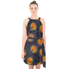 Space Pumpkins Halter Collar Waist Tie Chiffon Dress by SychEva