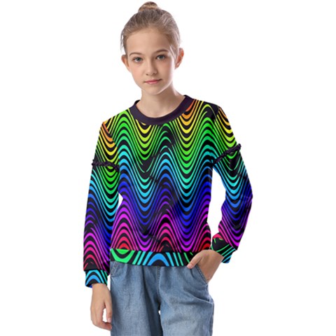 Abstract Rainbow Curves Pattern Kids  Long Sleeve Tee With Frill  by Casemiro