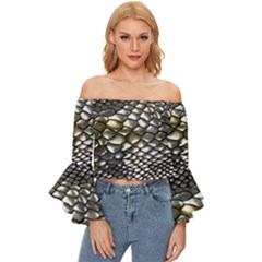 Snake Skin Off Shoulder Flutter Bell Sleeve Top by Sparkle