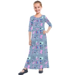 50s Diner Print Blue Kids  Quarter Sleeve Maxi Dress by NerdySparkleGoth