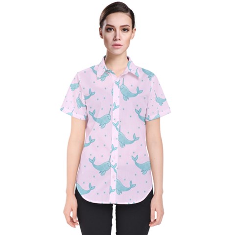 Narwales Stars  Pattern Pink Women s Short Sleeve Shirt by Littlebird