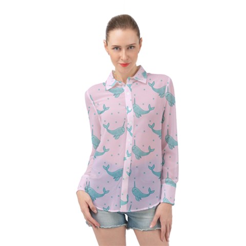 Narwales Stars  Pattern Pink Long Sleeve Chiffon Shirt by Littlebird