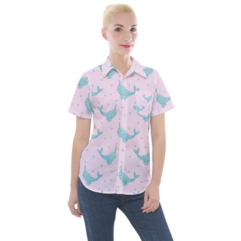 Narwales Stars  Pattern Pink Women s Short Sleeve Pocket Shirt by Littlebird