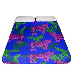 Pink Tigers On A Blue Background Fitted Sheet (california King Size) by SychEva