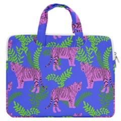 Pink Tigers On A Blue Background Macbook Pro Double Pocket Laptop Bag by SychEva