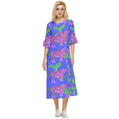 Pink Tigers On A Blue Background Double Cuff Midi Dress by SychEva