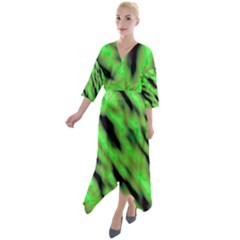 Green  Waves Abstract Series No7 Quarter Sleeve Wrap Front Maxi Dress by DimitriosArt