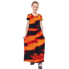 Red  Waves Abstract Series No13 Kids  Short Sleeve Maxi Dress by DimitriosArt