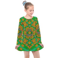 Stars Of Decorative Colorful And Peaceful  Flowers Kids  Long Sleeve Dress by pepitasart