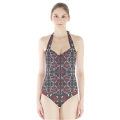 Floral Folk Damask Pattern Fantasy Flowers Floral Geometric Fantasy Halter Swimsuit by Eskimos