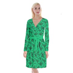 Folk Flowers Print Floral Pattern Ethnic Art Long Sleeve Velvet Front Wrap Dress by Eskimos