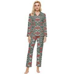 Floral Folk Damask Pattern Fantasy Flowers Floral Geometric Fantasy Womens  Long Sleeve Velvet Pocket Pajamas Set by Eskimos