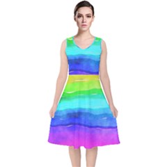 Watercolor Rainbow V-neck Midi Sleeveless Dress  by Valentinaart