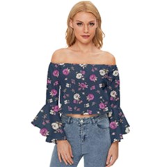 Flowers Pattern Off Shoulder Flutter Bell Sleeve Top by Sparkle