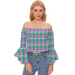 Checks Off Shoulder Flutter Bell Sleeve Top by Sparkle