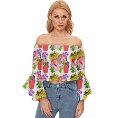 Flowers Pattern Off Shoulder Flutter Bell Sleeve Top by Sparkle