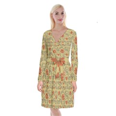 Folk Flowers Print Floral Pattern Ethnic Art Long Sleeve Velvet Front Wrap Dress by Eskimos