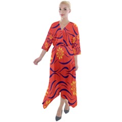 Folk Flowers Print Floral Pattern Ethnic Art Quarter Sleeve Wrap Front Maxi Dress by Eskimos