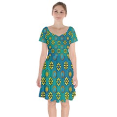 Yellow And Blue Proud Blooming Flowers Short Sleeve Bardot Dress by pepitasart