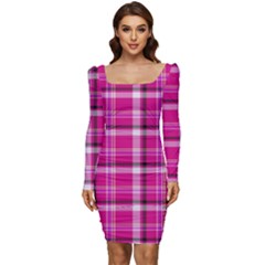 Pink Tartan-9 Women Long Sleeve Ruched Stretch Jersey Dress by tartantotartanspink