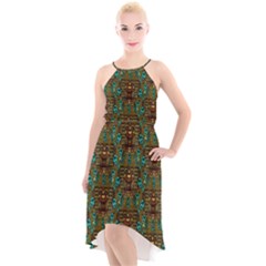 Artworks Pattern Leather Lady In Gold And Flowers High-low Halter Chiffon Dress  by pepitasart