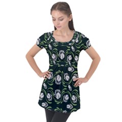 Folk Flowers Print Floral Pattern Ethnic Art Puff Sleeve Tunic Top by Eskimos