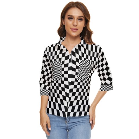 Illusion Checkerboard Black And White Pattern Women s Quarter Sleeve Pocket Shirt by Nexatart