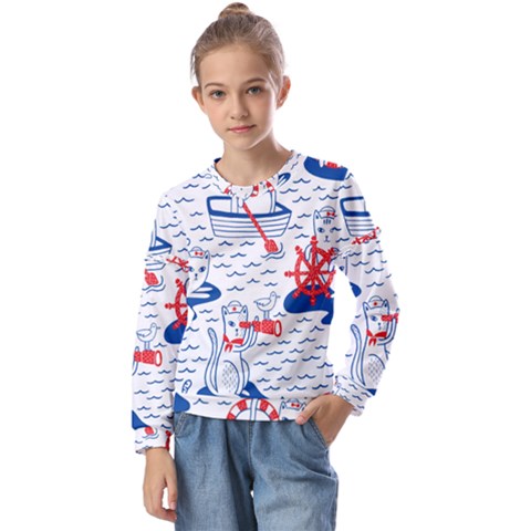 Nautical Cats Seamless Pattern Kids  Long Sleeve Tee With Frill  by Jancukart