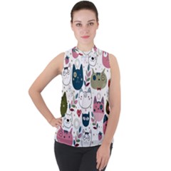 Pattern With Cute Cat Heads Mock Neck Chiffon Sleeveless Top by Jancukart