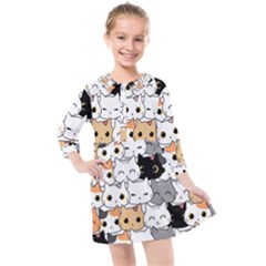 Cute-cat-kitten-cartoon-doodle-seamless-pattern Kids  Quarter Sleeve Shirt Dress by Jancukart