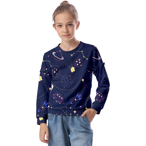 Cartoon-space-seamless-pattern-vectors Kids  Long Sleeve Tee With Frill  by Jancukart