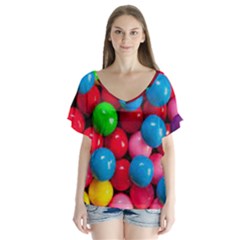 Bubble Gum V-neck Flutter Sleeve Top by artworkshop