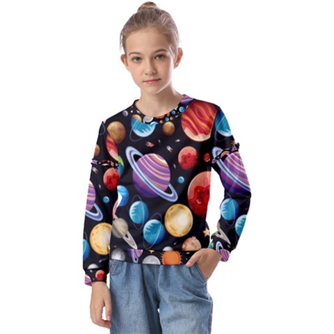 Background-with-many-planets-space Kids  Long Sleeve Tee With Frill  by Jancukart