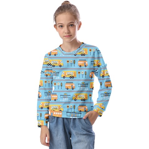 Buses-cartoon-pattern-vector Kids  Long Sleeve Tee With Frill  by Jancukart