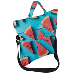 Watermelon Blue Background Fold Over Handle Tote Bag by artworkshop