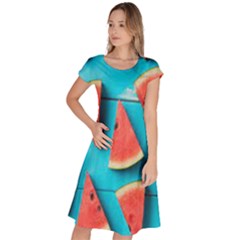 Watermelon Blue Background Classic Short Sleeve Dress by artworkshop