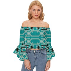 Abstract Pattern Geometric Backgrounds  Off Shoulder Flutter Bell Sleeve Top by Eskimos