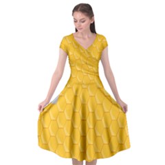 Hexagons Yellow Honeycomb Hive Bee Hive Pattern Cap Sleeve Wrap Front Dress by artworkshop