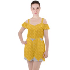 Hexagons Yellow Honeycomb Hive Bee Hive Pattern Ruffle Cut Out Chiffon Playsuit by artworkshop