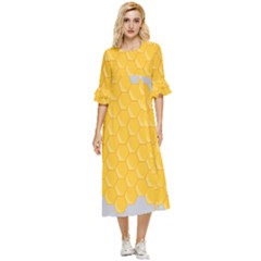 Hexagons Yellow Honeycomb Hive Bee Hive Pattern Double Cuff Midi Dress by artworkshop