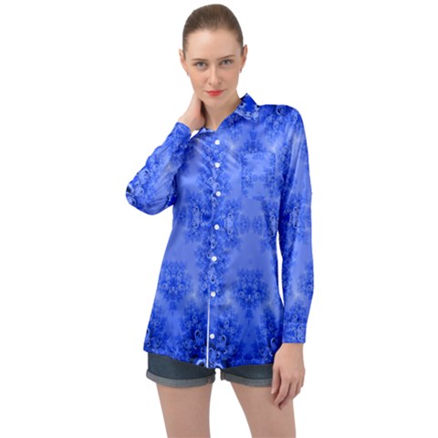 Blue Sky Over The Bluebells Frost Fractal Long Sleeve Satin Shirt by Artist4God