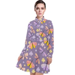 Vector-seamless-pattern-with-butterflies-beetles Long Sleeve Chiffon Shirt Dress by Jancukart