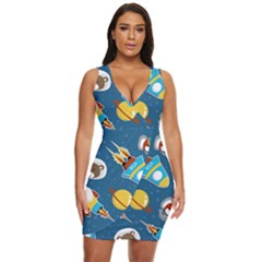 Seamless-pattern-vector-with-spacecraft-funny-animals-astronaut Draped Bodycon Dress by Jancukart