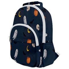 Halloween Ghost Pumpkin Bat Skull Rounded Multi Pocket Backpack by artworkshop