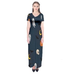 Halloween Ghost Pumpkin Bat Skull Short Sleeve Maxi Dress by artworkshop